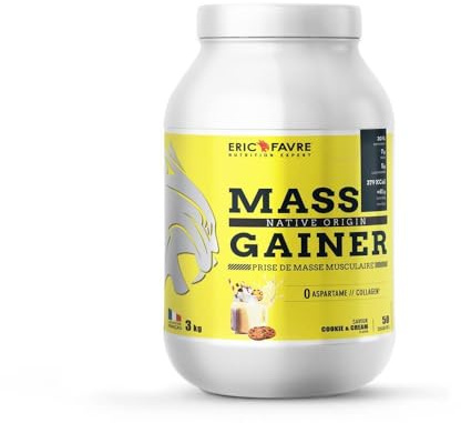 MASS GAINER NATIVE PROTEIN - Protéines et Glucides Bi-Sources, Prise de Masse Rapide, Gain de poids et Masse Musculaire - 3kg - Saveur Cookies - Eric Favre