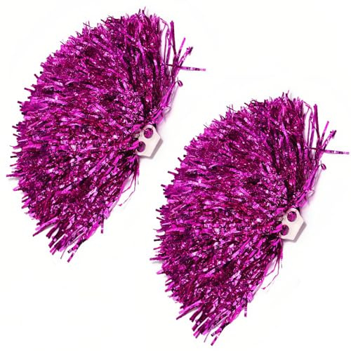 2 Pack Fluffy Cheerleading Pom Poms Ultra Shining Metallic Foil Cheerleader Pompoms Handheld Cheerleader Pompoms with Plastic Finger Ring for Kids Adult Team Spirit Sports Party Dance Cheering (Pink)
