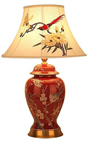 FAZRPIP Rot glasierte Keramik-Tischlampe, Schlafzimmer-Nachttischlampe, Ingwerglas-Lampe mit bestickten Stoffen, glockenförmiger Lampenschirm, große orientalische Keramik-Tischlampe, 2 Größen