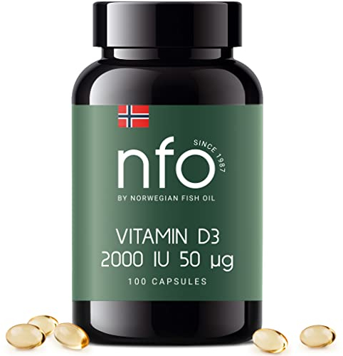 NFO VITAMIN D3 2000 IE 50 µg [100 Kapseln] Norwegischer natürlicher hochdosierter Vitamin D Komplex 2000 IE In seiner Cholecalciferol-Form ist es +30% wirksamer als D3 Stärkt das Immunsystem