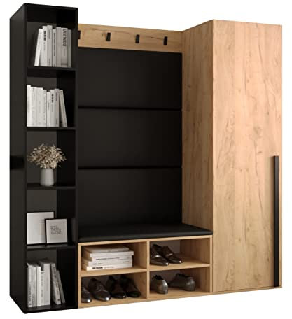 MEBLE KRYSPOL Garderobe MIRO Set 3 mit gepolsterten Paneelen Modern Design (schwarzes Öko-Leder, Eiche Kraft Gold + Schwarz Matt)