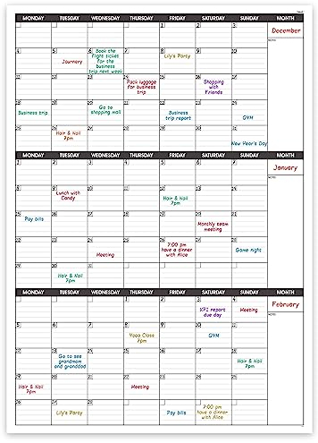 Großer Wandkalender undatiert – drei Monate trocken abwischbar, wiederverwendbarer Wandplaner, riesiges laminiertes Poster, Schule – inklusive 4 Aufkleberpunkten, 101 cmx73 cm