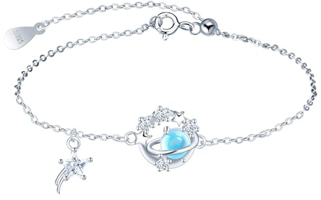 INFINIONLY Pulseras de Plata 925 con Circonita para Mujer Niña Elegante Pulsera Planeta Piedra Lunar Azul con Creative Ajustable Cadena de Ancla