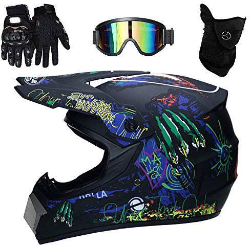 Matte Black Youth Kids Motocross Helmet with Goggles Gloves Mask - Adult Unisex Full Face MTB Motorbike Helmet for ATV Scooter Cross, Downhill Enduro Racing MX Quad Dirt Bike