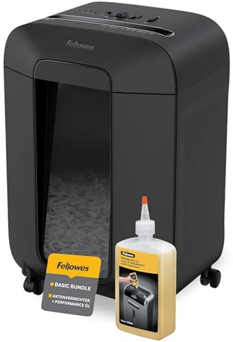 Fellowes Aktenvernichter LX85 Premium Bundle mit Öl, Papierschredder, 12-Blatt-Partikelschnitt, Aktenvernichter P4, Schredder für Büro und Homeoffice, 19L Papierkorb, verarbeitet Kreditkarten, Schwarz