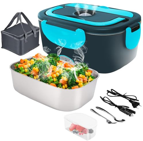 Gentre Fiambrera Electrica 12V/24V/220V/110V 4 en 1 Calentador de Comida para Coche Camión y Trabajo Portatil 1.5L 60W Tartera Acero Inoxidable Termo Comida con Bolsa Térmica y Juego de Cubiertos