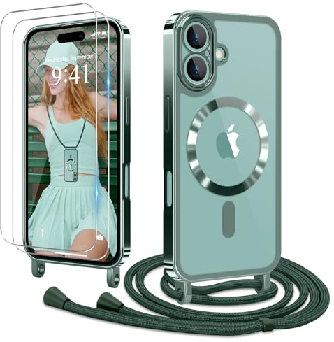 Ethanger für iPhone 16 Hülle mit Band + 2 Schutzfolie, Grün | Handyband Transparent Silikon Handyhülle, Magnetische Schutzhülle Case zum Umhängen Kordel