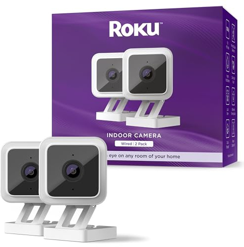 Roku Indoor Camera for Home Security, 2-Pack - Wired Security Camera with 1080p HD Color Night Vision, Compatible with Alexa & Google, Motion & Sound Detection, Built-in Siren (Renewed)