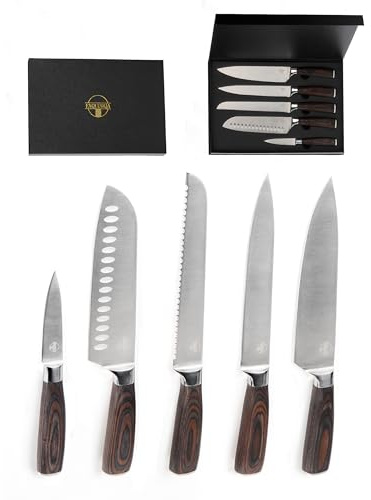 EXQUISIQA Juego de Cuchillos de Cocina Profesional – Set 5 Piezas de Acero Inoxidable Afilados con Mango de Madera Ergonómico, Cuchillos para Chef y Hogar, Incluye Caja Regalo