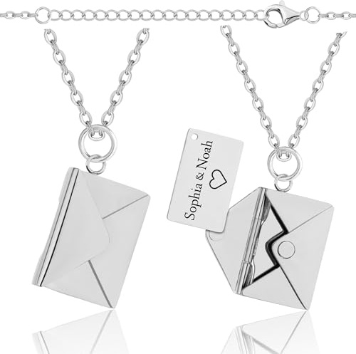 Lumari Gold Personalisierte Halskette mit Briefumschlag-Anhänger zum Öffnen - Medaillon mit Gravur innen - Edelstahl Kette Geschenkidee Damen, Silber