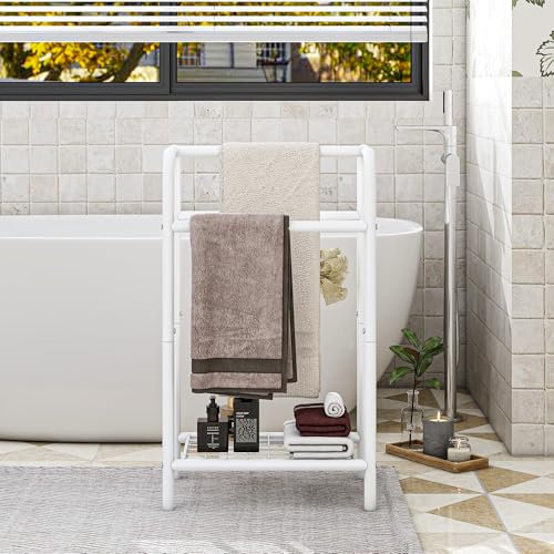HAHRIR Portasciugamani a 3 livelli in metallo, piccolo portasciugamani autoportante per il bagno, salvaspazio, camera da letto, bagno, piscina espositore rack (bianco, 43 x 27 x 76 cm)