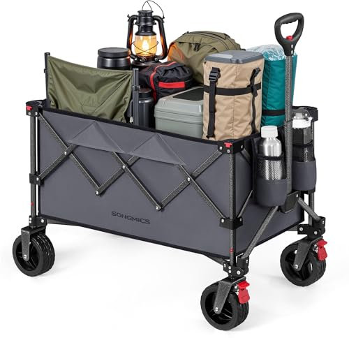 SONGMICS Chariot Pliable, Capacité de 150 L, Supporte Jusqu à 150 kg, avec Poignée, 4 Roues Amovibles, Chariot de Jardin, Économie d Espace, pour Extérieur, Plage, Camping, Gris Ardoise GFW115G01