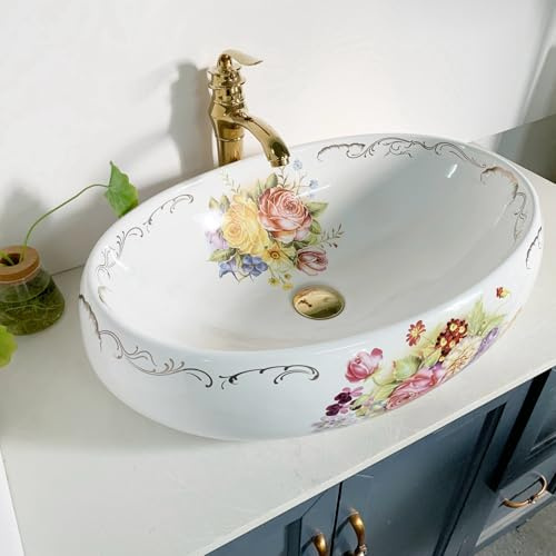 Lavabo in ceramica artistica di forma ovale grande per bagno vanità in alto, L 60 cm x L 40 cm