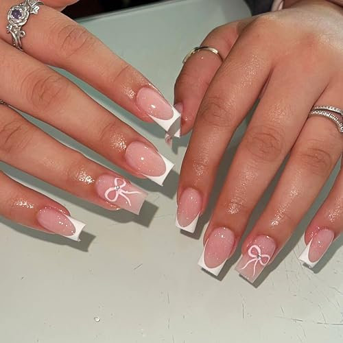 24 Stück Künstliche Nägel Kurz Quadratisch FalscheNägel Rosa Französischer Stil mit Schleife Acryl Press on Nails, 12 Größen Farbige False Nails Klebe Acryl Nägel für Frauen DIY (Rosa Schmetterling)