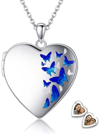 POPLYKE Collar con medallón de fotos en forma de corazón con forma de mariposas, colgante de foto personalizado para damas personalizado para grabado de imagen medallón collar, Plata esterlina