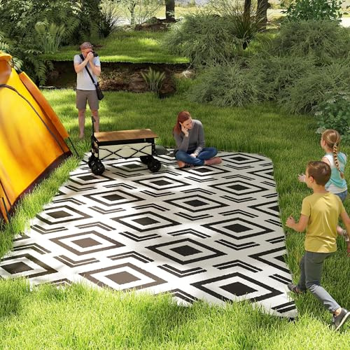 Outsunny Alfombra de Exterior 182x274 cm Alfombra Reversible con Patrón Geométrico de Rombos Impermeable Bolsa de Transporte para Terraza Balcón Patio Camping Playa Blanco y Negro