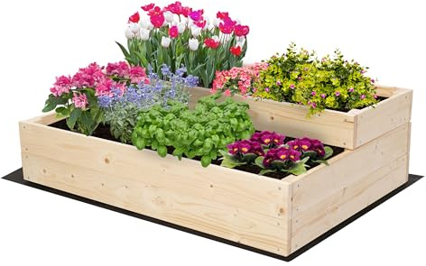 MODO24 Hochbeet Holz, 2-stufiger Pflanzkasten, Blumenkasten, Gemüsebeet, Kräuterbeet, Anzuchtkasten, mit Gartenvlies als Unterlage und Schrauben, Abmessungen 27x90x63 cm, Farbe: Natur imprägniert