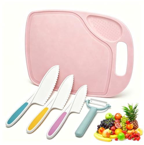FACATH Plastic Fruit Knife Set with Cutting Board & Peeler: 5-Piece Safe Nylon Food-Grade Kitchen Kit for Safe Fruit & Veg Prep, Serrated Edges Lettuce Knife for Fruit, Bread, Cake, Salad