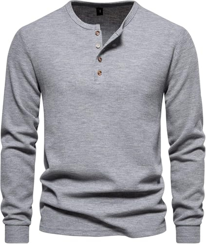 Henley Gaufré À Manches Longues Chemise Homme，Coupe ajustée, boutonnée (Gris, Medium)