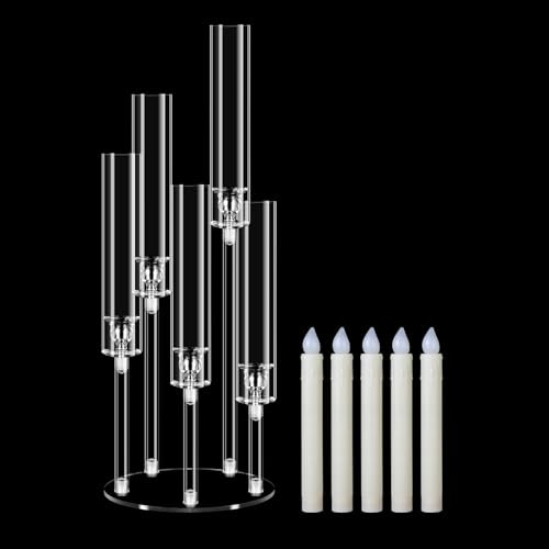 MSDADA 5-Armiger Acryl Kandelaber mit LED-Kerzen, 58 cm Höhe Kerzenständer Set für Tischdeko Mittelstück, Hochzeit Weihnachten Kamin Deko, inkl. 5X Batteriebetriebenen Flackerkerzen