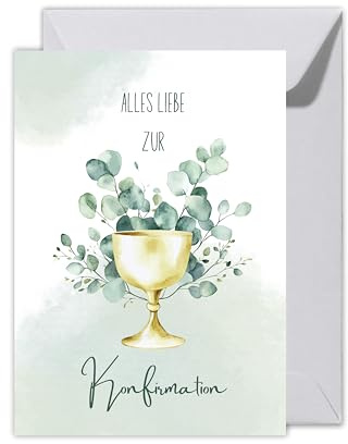 WBdesignz Edle Konfirmationskarte mit eukalyptusfarbenem Umschlag – Alles Liebe zur Konfirmation – Aquarell Kelch & Eukalyptus – Glückwunschkarte für Jungen & Mädchen -modern & stilvoll (XXL DIN A4)