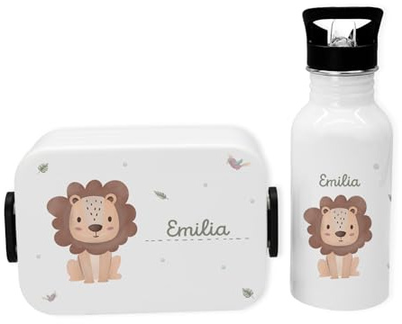 hellomini Personalisierte Mepal-Lunchbox & Edelstahl-Trinkflasche 500ml Set mit Wunschname & Tiermotiv – Brotzeitbox & Trinkflasche Kinder Schule Kita Geschenk (Löwe, Weiß)