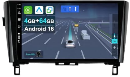 [4+64G] Android 16 Car Stereo Radio for Nissan Qashqai/X-Trail 2013-2017-IPS 10.1 Inch 2 Din Head Unit with Carplay/Android Auto/Mirror Link/GPS Navigation Navi/Bluetooth/WiFi/FM/Included Camera