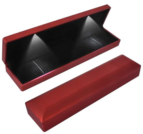 Boîte Cadeau de Luxe à LED, Boîte à Bijoux Longue Chaîne avec Éclairage LED, Velours Boîte de Rangement Bijoux, pour Collier Pendentif Bracelet, pour Fiançailles Mariage, 23 * 5.5 * 3.5cm, Rouge