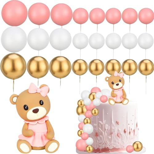 25pcs Teddy Bear Cake Decoration, Teddy Bear Cake Decorations Mini Balls Cake Toppers, Teddy Bear Cupcake Toppers Brown Foam Balloon Pearl Ball for Baby Shower Birthday Party Supplies
