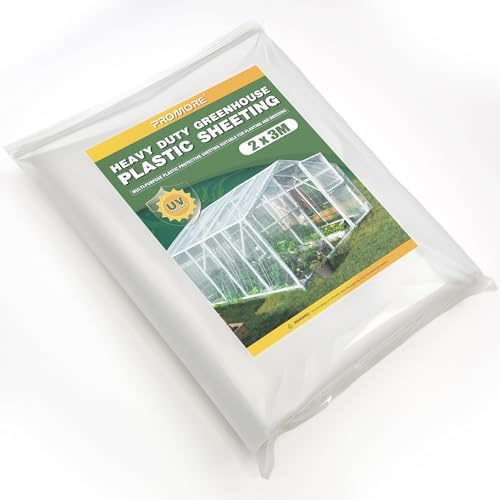 PROMORE 2 x 3M Clear Polythene Sheeting, UV-Resistant 150Mu/600G Extra Thick Plastic Polytunnel Cover Sheets Waterproof Garden Grow Horticultural Membrane for Insulation Building Rubble Protection