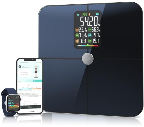 Mybeo - Körperfettwaage mit App - Digitale Bluetooth Körperwaage - Personenwaage Multifunktionswaage - Digitale Anzeige – Full Body Scan - bis zu 180 kg – gehärtetes Glas - mit körperfettanalyse