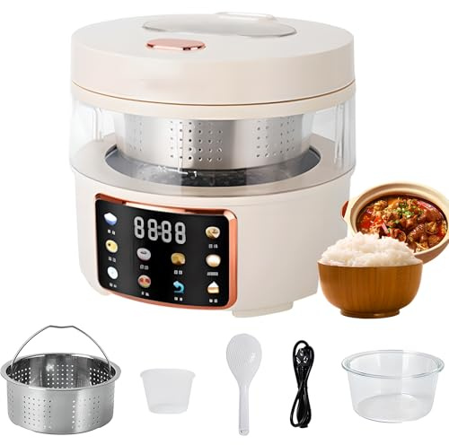 Cuiseur de riz en verre, cuiseur à riz à faible teneur à 2,5 L avec panier de filtre automatique, minuterie 24h, 400 W en verre intérieur Pot multicoque