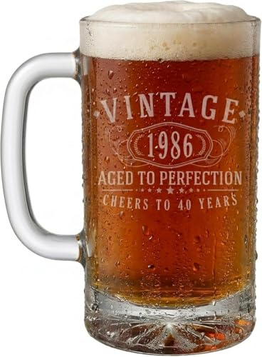 Vintage 1986 Etched 16oz Glass Beer Mug Stein – Happy 40th Birthday Gifts for Men Women, Cheers to Turning 40 Year Old Man Decoration Decor, Anniversary Bday Party Supplies Favors 1.0