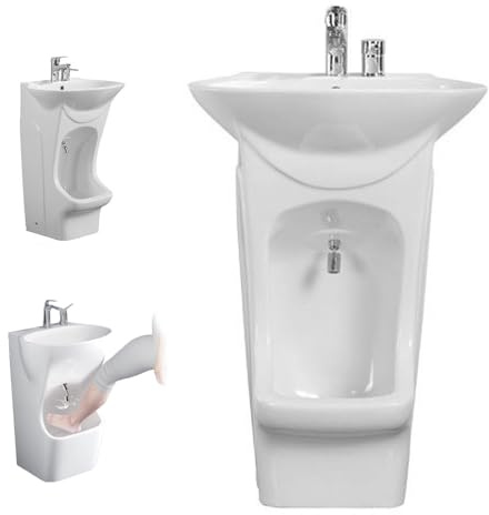 Ablution - Lavabo de cerámica integrado con grifo ajustable, diseño grande de pie para baño y balcón