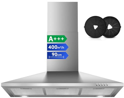 SNDOAS 90cm Hotte Aspirante, A+++ Hotte Cuisine avec 400m³/h, 2 Filtres à Charbon Inclus, pour Évacuation ou Recyclage, 3 Vitesses Hotte Silencieuse en Inox, Éclairage LED