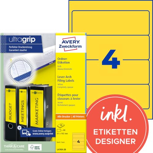 Avery Zweckform L4769-20 Folder Labels for Wide Folders Short e.g. for Leitz Elba Mehle Bene Biella 192 x 61 mm 20 Sheets