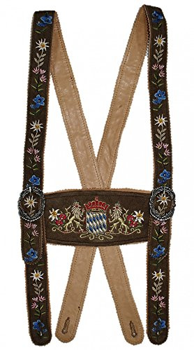 Trachten Mayr Hosenträger Bayernträger Lederhose Werdenfelser-Träger bestickt echt Leder Bayern-Wappen Edelweiß erstklassiges Wildbockleder braun dunkelbraun schwarz Lederhosenträger