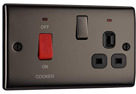 BG Electrical Cooker Switch with Socket and LED, Cooker Control Unit, Control Socket, Double Pole, Raised Profile, Round Edges, Nexus Metal, Black Nickel, 45A, NBN70B