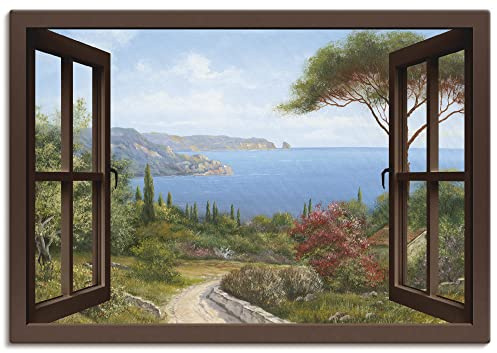 ARTLAND Wanddeko Leinwand Bilder Wandbild 100 x 70 cm Landschaften Fensterblick Haus am Meer I T4EE