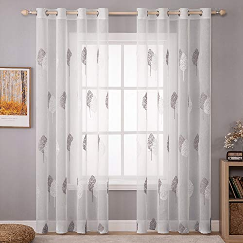 MIULEE Wohnzimmer Vorhänge Transparent mit Grau und Weiss Blätter Muster, Modern Stickerei Gardinen Ösen für Schlafzimmer Deko, 2er Set Schöne Blätter Muster Vorhang Fenster H 225 x B 140