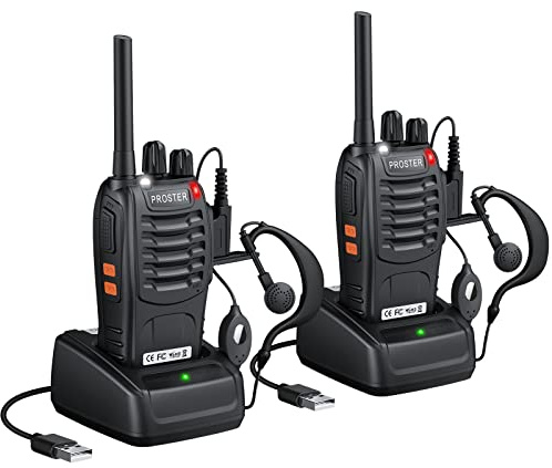 Proster Walkie Talkie PMR446 Senza Licenza Ricaricabili Set 2 Ricetrasmittenti Portatili 16 Canali VOX Torcia LED Auricolari Batteria 1500mAh per Lavoro Outdoor Famiglia Bambini