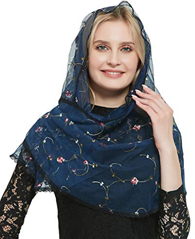 Leimandy Orthodoxer Schleier Kopfbedeckung mit gestickten Blumen Katholische Kapelle Mantilla Schleier V50, Marineblauer Schleier, One size