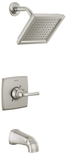 Delta Geist 14 Series Square Bathtub and Shower Faucet Set, Brushed Nickel Shower Head and Handle Set, Valve Trim Kit, SpotShield Brushed Nickel 144864-SP (Valve Included)