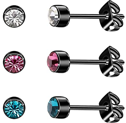3 par/set damörhängen, titan, flickor, örhängen, allergivänliga, kristall, herrörhängen, 4 mm/5 mm silver/svart/roséguld/guldpläterade örhängen, 5mm, Titan
