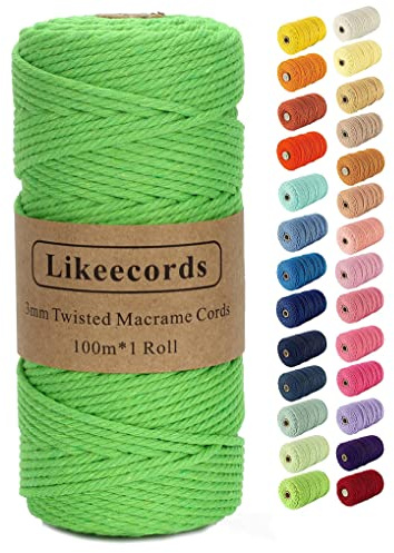 Likeecords Beige Makramee-Schnur 3 mm x 110 Yards, farbiges Makramee-Seil, Baumwollseil, Makramee-Garn, bunte Baumwoll-Bastelschnur zum Aufhängen, Pflanzenaufhänger, Basteln, Stricken