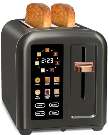 SEEDEEM Toaster 2 Slice, Touch Control Stainless Toaster LCD Display, 50% Faster Heating Speed, 1.4'' Wide Slots, More Timer Functions, Removable Crumb Tray, 1350W, Dark Metallic