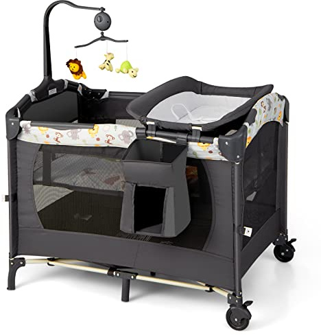 LIFEZEAL 4 in 1 Faltbares Babybett, 107 x 72 cm Beistellbett mit U-förmigem Windelhalter, Baby Reisebett Höhenverstell, Babycenter mit Spieluhr, Kinderreisebett mit Wickelauflage (Grau)