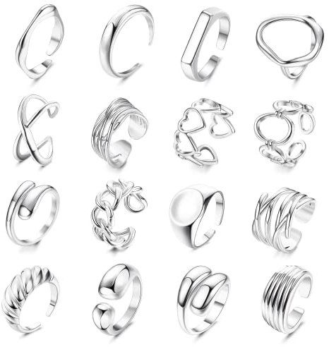 Milacolato 16Pcs Gold Chunky Dome Ring Set für Frauen Mädchen 18K Gold überzogene geflochtene verdrehte runde Signet Link Ringe offene Band Ringe Größe 5-9 Silber