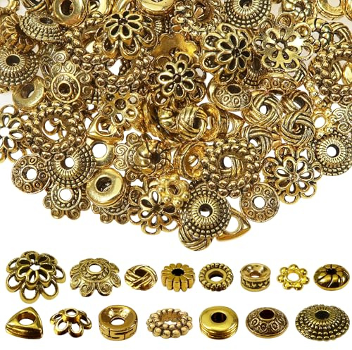 TOAOB 300 Stück Tibetische Perlen Gold Farbe Zwischenperlen Metallperlen zum Auffädeln Perlenkappen Spacer Perlen für Armbänder Schmuckherstellung Antike Bastelperlen DIY Schmuckzubehör mit Loch