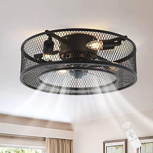 Ventilatori Da Soffitto Silenziosa Con Illuminazione e Telecomando Plafoniera Gabbia in Retrò Fan Ceiling light industrial Vintage Ventilatore da Soffitto con Luce (C 45 * 45 * 15cm E27)